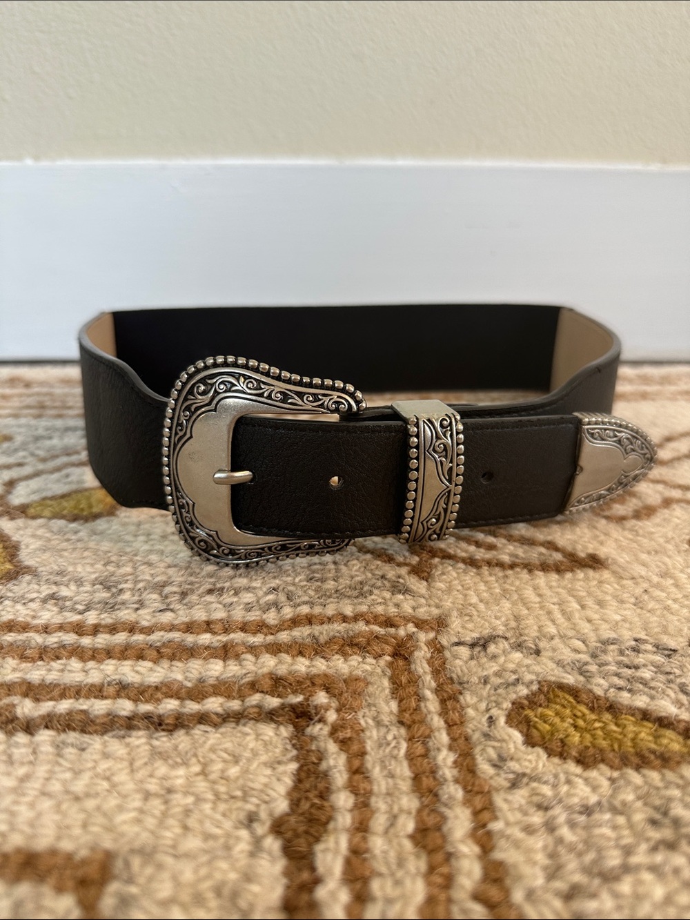 Vince Camuto Black Western Belt with Silver Engraved Buckle
